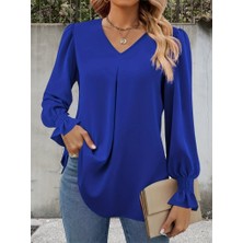 Gökyüzü Moda Kadın Uzun Kollu V Yakalı Salaş Ithal Krep Bluz