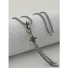 Tutaste Jewellery Kırmızı Taşlı La Fetta Illa Ali La Seyfe Illa Zülfikar Taşlı 925 Ayar Gümüş Erkek Kolye