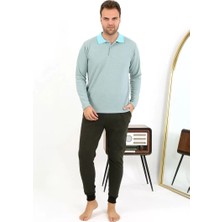 Moda Erkek Polo Yaka Uzun Kol Penye Pijama Takımı Su Yeşili