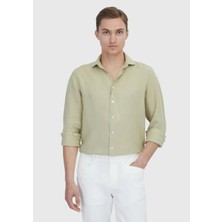 Açık Yeşil Düz Casual Fit Dokuma Casual %100 Keten Gömlek