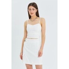 4564 Kadın Gipe Detaylı Askılı Keten Bluz Ekru