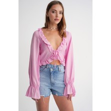 4712 Kadın Volanlı Modal Bolero Bluz Pembe