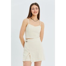 4564 Kadın Gipe Detaylı Askılı Keten Bluz Naturel