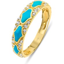 14 Ayar Altın Mavi Mineli ve Desenli Yüzük