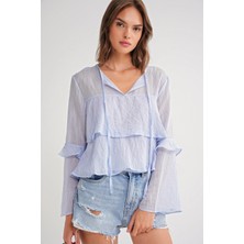 4735 Kadın Uzun Kollu Fırfırlı Bağlamalı Bluz Bebe Mavi