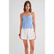 4737 Kadın Düğmeli Kuplu Pileli Bluz Mavi