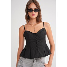 4737 Kadın Düğmeli Kuplu Pileli Bluz Siyah