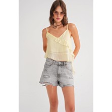 4736 Kadın Fırfırlı Askılı Bluz Sarı