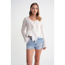 4710 Kadın Volanlı Transparan Bolero Bluz Beyaz