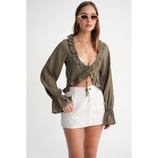 4712 Kadın Volanlı Modal Bolero Bluz Haki