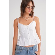 4737 Kadın Düğmeli Kuplu Pileli Bluz Beyaz