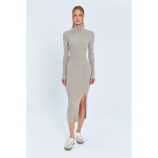 6889 Kadın Balıkçı Yırtmaçlı Uzun Triko Elbise Taş