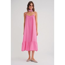 4740 Kadın Askılı Müslin Midi Elbise Pembe