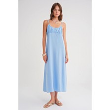 4742 Kadın Ip Askılı Büzgü Detaylı Midi Elbise Bebe Mavi