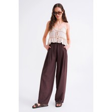 4682 Kadın Beli Lastikli Jogger Bol Keten Pantolon Kahve
