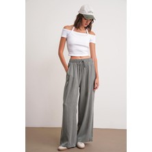 4697 Kadın Eskitme Bağcıklı Saten Bol Paça Palazzo Pantolon Haki