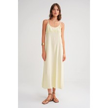 4742 Kadın Ip Askılı Büzgü Detaylı Midi Elbise Sarı