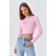 6727 Kadın Bisiklet Yaka Crop Triko Kazak Pembe
