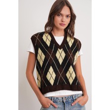 6930 Kadın Baklava Desenli Triko Süveter Kahve