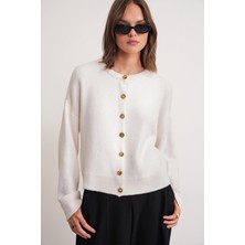 6956 Kadın Taş Düğme Detaylı Triko Yumoş Hırka Kemik