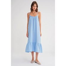 4740 Kadın Askılı Müslin Midi Elbise Bebe Mavi