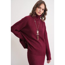 6928 Kadın Fitilli Balıkçı Yaka Triko Kazak Bordo