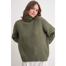 6928 Kadın Fitilli Balıkçı Yaka Triko Kazak Haki