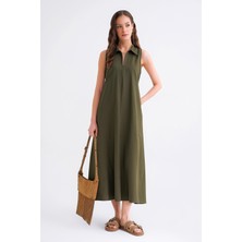 4692 Kadın Gömlek Yakalı Fermuarlı Midi Boy Oxford Elbise Haki