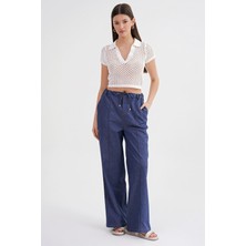 4679 Kadın Beli Lastikli Bağlamalı Denim Pantolon Indigo