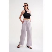 4668 Kadın Pileli Palazzo Geniş Bol Paça Pantolon Gri