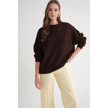 6947 Kadın Kendinden Desenli Oversize Triko Kazak Kahve