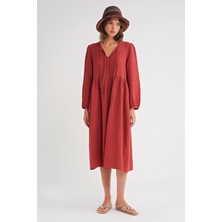 4739 Kadın Yakası Bağlamalı Müslin Midi Elbise Kiremit