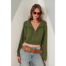 6752 Kadın Crop Fermuarlı Kazak Haki