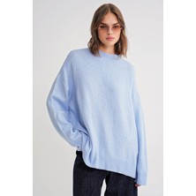 6913 Kadın Salaş Yumuşak Dokulu Oversize Triko Kazak Bebe Mavi