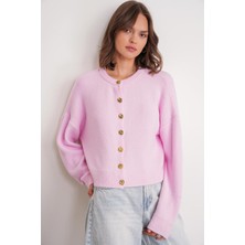 6956 Kadın Taş Düğme Detaylı Triko Yumoş Hırka Pembe