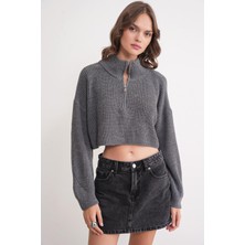 6752 Kadın Crop Fermuarlı Kazak Antrasit
