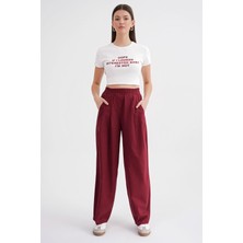 4682 Kadın Beli Lastikli Jogger Bol Keten Pantolon Bordo