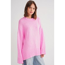 6925 Kadın Geniş Kollu Yumuşak Dokulu Triko Kazak Pembe