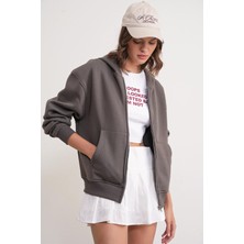 2023 Unisex 3iplik Basic Polarlı Fermuarlı Sweatshirt Hoodie Antrasit