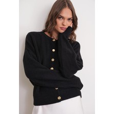 6956 Kadın Taş Düğme Detaylı Triko Yumoş Hırka Siyah