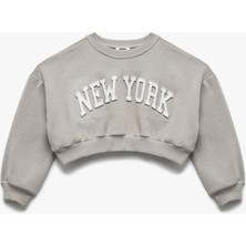 Uzun Kollu Bisiklet Yaka Şardonlu Baskılı Crop Sweatshirt