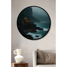 Çerçeve Görünümlü Sisli Deniz Kenarı Taş Ev Yağlı Boya Görünümlü Ahşap Ofis Yuvarlak Tablo