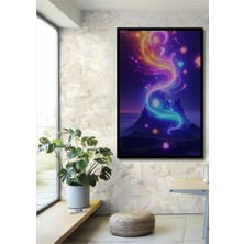 Çerçeve Görünümlü Neon Yıldızlar Dağı Yağlı Boya Görünümlü Işyeri/ofis Dekoratif Ahşap Kare Tablo