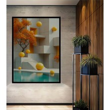 Çerçeve Görünümlü Sarı Küreler ve Sonbahar Ağacı Modern Sanat Dekoratif Ahşap Ofis Kare Tablo