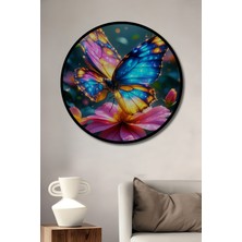Çerçeve Görünümlü Neon Işıltılı Kelebek Rüyası Yağlı Boya Görünümlü Ahşap Ofis Yuvarlak Tablo