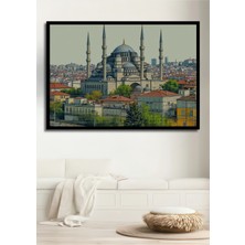 Çerçeve Görünümlü Sultanahmet Cami Yağlı Boya Görünümlü Istanbul Manzarası Ahşap Ofis Kare Tablo
