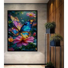 Çerçeve Görünümlü Neon Işıltılı Kelebek Rüyası Yağlı Boya Görünümlü Dekoratif Ahşap Ofis Kare Tablo