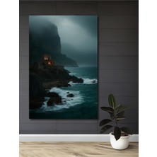 Sisli Deniz Kenarı Taş Ev Yağlı Boya Görünümlü Dekoratif Ahşap Ev/işyeri/ofis Kare Tablo