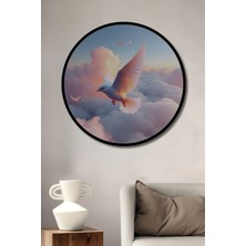 Çerçeve Görünümlü Gökyüzü Dansı Güvercin Yağlı Boya Görünümlü Dekoratif Ahşap Ofis Yuvarlak Tablo