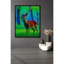 Çerçeve Görünümlü Neon Ormanda Yağlı Boya Görünümlü Geyik Sanat Ofis Dekoratif Ahşap Kare Tablo